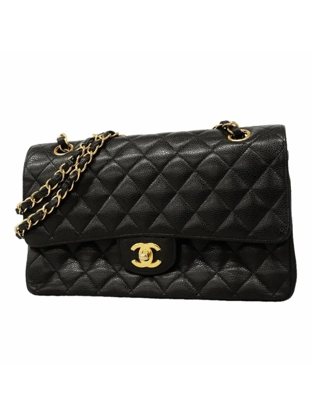 Chanel Shoulder Bag Quilted Caviar Leather Black Gold